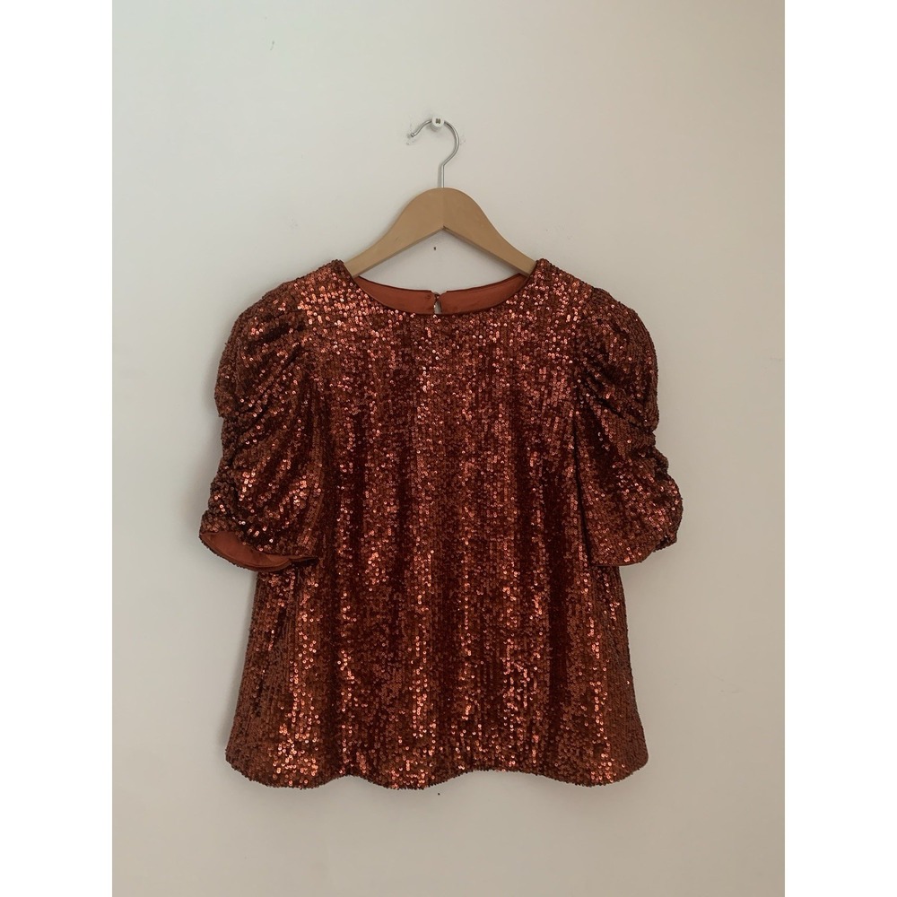 Anthropologie Marie Sequined Top Sz 2 Copper $120 Christmas Sparkle Rust‎ NYE